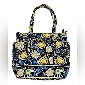 Vera Bradley Floral Elephant Print Quilted Tote Bag Blue Yellow White